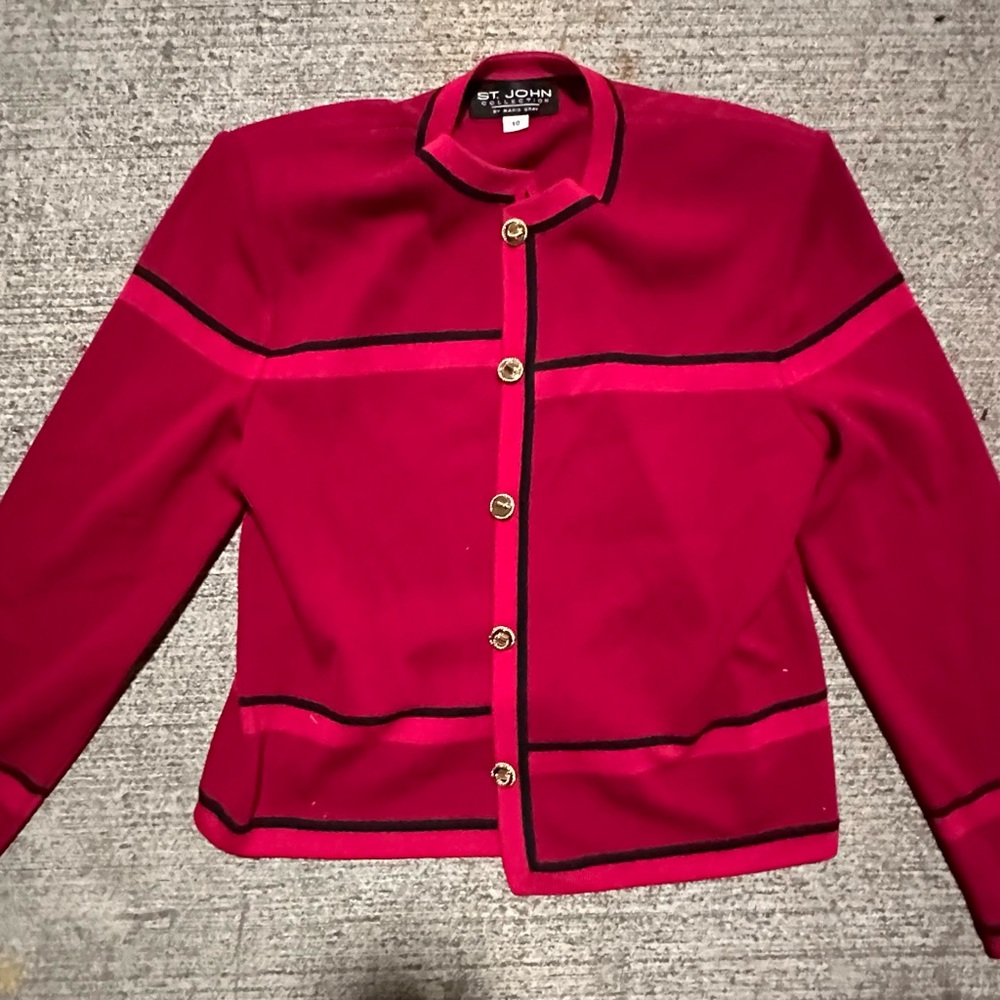 St. John Red Knit Blazer with Black Piping